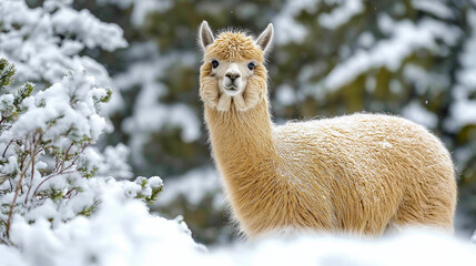 Portrait of a cute alpaca in winter snow scene, animal photography, wildlife in winter wonderland outdoor