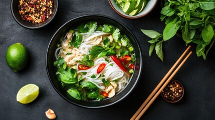 Fresh and Healthy Asian Noodle Soup with Herbs and Spices