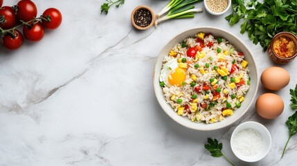Colorful rice bowl with fresh vegetables and eggs on marble table