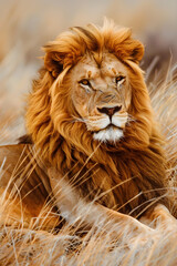 Fototapeta premium Majestic Lion Resting in the Savannah: Capturing the Essence of a Regal Predator in Its Natural Habitat