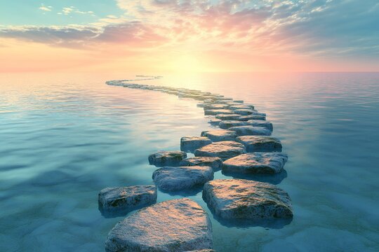 Serene ocean sunset with stone path leading toward horizon