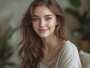 Naklejka premium Natural light portrait of a young woman with soft waves and serene smile, symbolizing beauty, elegance, and authentic femininity in a warm, calm, and cozy environment