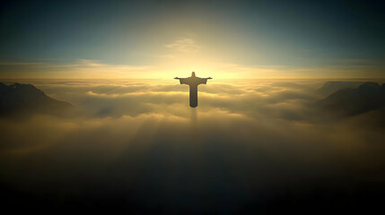 3D Render of a Silhouette of Christ Above Clouds at Sunset, Divine Spiritual Abstract Background Image