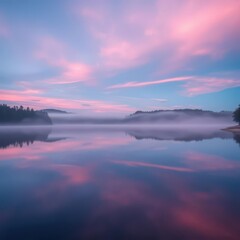 Fototapeta premium Misty dawn lake, soft blues, pinks, purples, serene reflection, dreamy, landscape, majestic