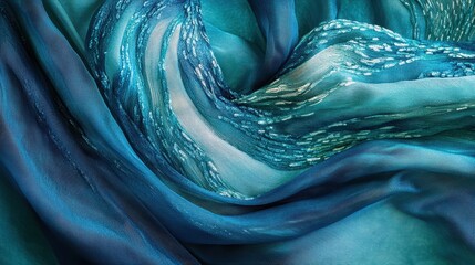 Macro View of Swirling Silk Fabric in Oceanic Blues and Teals Capturing Light and Movement for Artistic Textiles and Fashion Displays