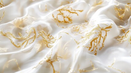 Elegant Macro View of Luxurious Silk Fabric Featuring Intricate Arabian-Inspired Patterns in Gold on White, Ideal for Textiles and Fashion Design