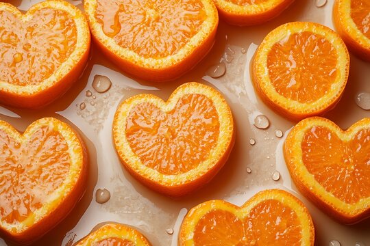 Heart shaped orange slices in water for healthy lifestyle and wellness concept.
