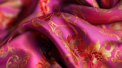 Detailed Macro View of Luxurious Silk Fabric Featuring Elegant Arabian Style Patterns and Rich Colors Perfect for Textile and Fashion Projects