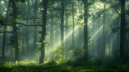 Fototapeta premium Fog-enshrouded Forest: A Mystical Symphony of Tranquillity and Wilderness