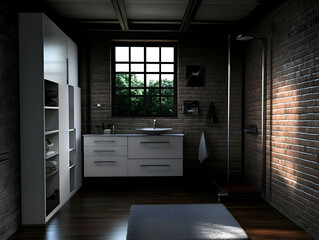 3D Render of a Modern Dark Bathroom with Brick Walls, a White Vanity, and a Glass Shower Enclosure.