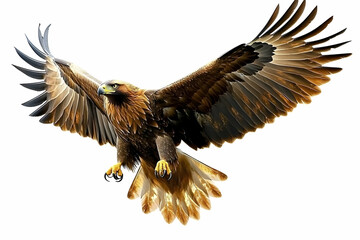 Obraz premium Majestic Golden Eagle in Flight, Wings Spread Wide, Soaring High Above, Digitally Illustrated with Detailed Feathers and Powerful Talons.