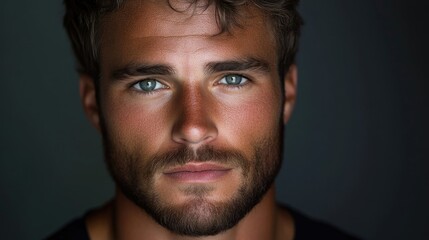 Obraz premium Close-up portrait of a man with a thoughtful expression. He has light-colored eyes, a light tan complexion, and a short, styled haircut. A stubble beard is visible