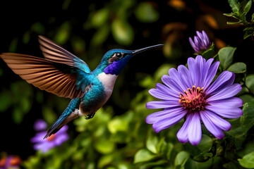 Obraz premium Vibrant Hummingbird in Flight, Approaching Purple Flower, Detailed Wings and Feathers, Dramatic Background