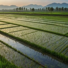 Lush green rice fields with clear water channels, beautifully set against a backdrop of verdant mountains.