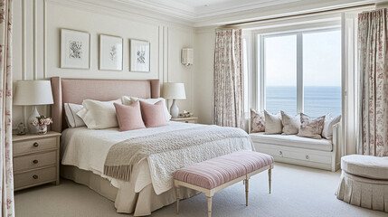 Fototapeta premium Coastal inspired decor interiors, blending soft blues, crisp whites, and delicate pastels with luxurious textures and refined details