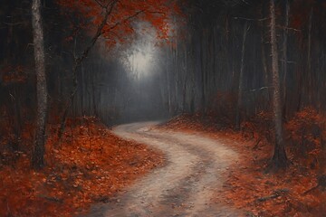 Obraz premium Serene autumn forest path with vibrant foliage and misty light. Nature's beauty landscape