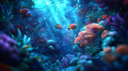 Fototapeta premium Colorful clownfish swimming among vibrant coral reefs in a clear ocean underwater scene