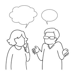 男性と女性が話し合っている線画イラスト　吹き出し付き