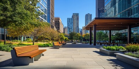 Naklejka premium A modern urban park with benches and greenery amidst tall buildings on a sunny day.
