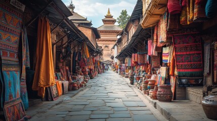 Naklejka premium Bustling narrow alleyway lined with colorful fabric shops displaying hanging textiles in vibrant saffron and crimson, local vendors arranging handpainted ceramic pottery, ancient stone temples and