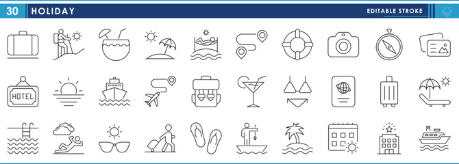 A set of line icons related to Holiday. Cruise, compass, postcard, bikini, suitcase, hiking, coconut, beach, and so on. Vector editable stroke.