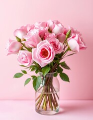 Delicate pink roses in a matching vase, soft pink textured background, bouquet, gift, pink background