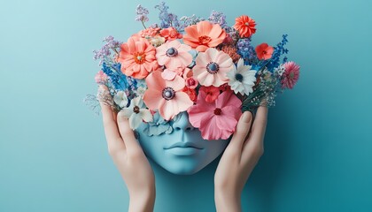 3D render of hands holding a paper head with a human brain composed of flowers, representing mental health, selfcare, and creative thinking