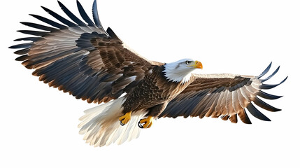 Obraz premium Majestic Bald Eagle Soaring, Wings Spread Wide in Flight, Detailed Digital Illustration Against White Background
