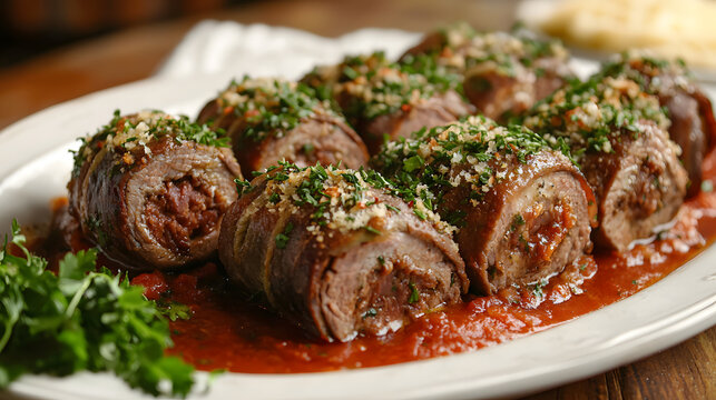 Delicious Stuffed Beef Rolls with Fresh Herbs and Tomato Sauce on a Rustic Platter