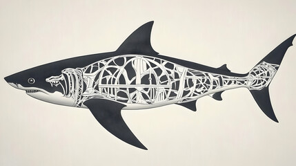 Fototapeta premium Intricate Mechanical Shark Illustration: A Detailed Anatomy Unveiled in Monochrome