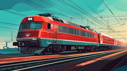 Fototapeta premium a digitally illustrated indian train engine and coaches in a bold vector art style, emphasizing strong geometric shapes and vivid colors the locomotive is designed with deep red and silver tones,