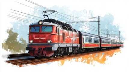 a digitally illustrated indian train engine and coaches in a bold vector art style, emphasizing strong geometric shapes and vivid colors the locomotive is designed with deep red and silver tones,