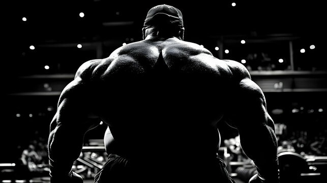 Dramatic Black and White Photograph of a Muscular Man's Back, Posing in a Dark Gym Setting with Stage Lighting