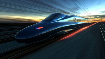 Obraz premium a hyper-fast electric bullet train painted in a metallic blue finish, charging forward with immense speed on an endless railway track the front of the train glows red-hot from extreme air friction,