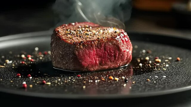 Juicy steak cooked to perfection on a black plate, surrounded by spices and steam rising, evoking hunger