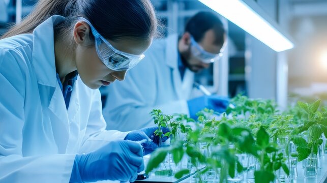 Scientists examining plant growth in a laboratory, showcasing research on agriculture