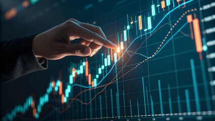 digital illustration of a human hand interacting with a futuristic financial trading chart. The chart features glowing candlestick patterns, trend lines, and analytical graphs in blue, green, and oran