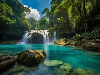 Naklejka premium Erawan Falls: A Breathtaking Thai Paradise Where Crystal-Clear Waters Flow Over Limestone Terraces, Forming Hidden Caves, Emerald Lagoons, and a Serene Jungle Escape