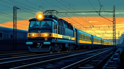 Obraz premium a highly detailed vector illustration of an indian train engine pulling a series of connected coaches, depicted in a semi-realistic style the locomotive features a bold color scheme of deep blue and