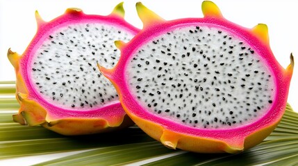 Two halves of a dragon fruit, vibrant pink and white flesh with black seeds, resting on a palm leaf