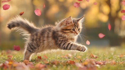 Obraz premium Playful Kitten Running Through Autumn Leaves