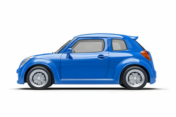 3D Render of a Blue Compact Car, Side View Illustration Against White Background