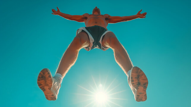 Man jumping spread-eagled against clear blue sky.