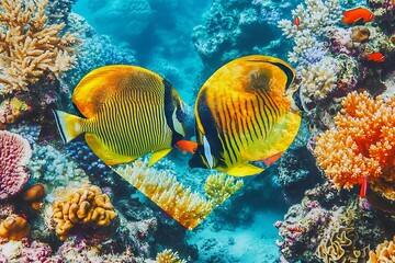 Obraz premium Pair of masked butterflyfish swimming near coral reef in turquoise ocean water environment
