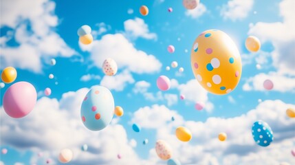 Colorful polka dot Easter eggs floating in bright blue sky with fluffy white clouds in springtime