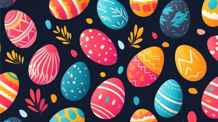 colorful easter eggs with abstract designs on dark background for festive decoration