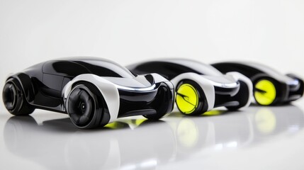 a visually striking collection of modern car models designed with a futuristic touch, featuring rounded, streamlined bodies with minimal detailing the vehicles sit on massive black wheels with neon