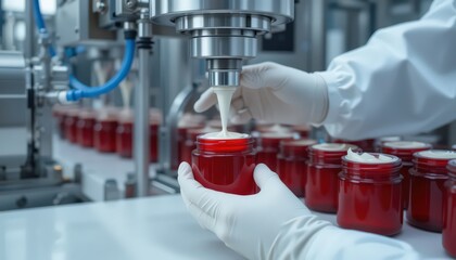 Fototapeta premium Cream Production Line: Automated Filling of Cosmetic Jars