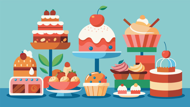 An impressive display of creative themed desserts showcasing the skill and passion of the bake sale participants.. Vector illustration