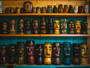 Fototapeta premium Collection of Colorful Hand-Carved Wooden Masks Displayed on Shelves